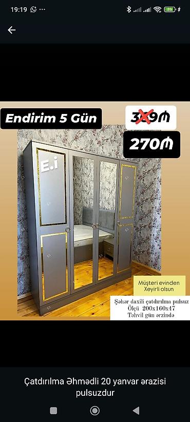 hamam kranti: Dörd qapılı paltar şkafı – güzgülü model - Rəng: Boz tonlarda, qızılı — 1