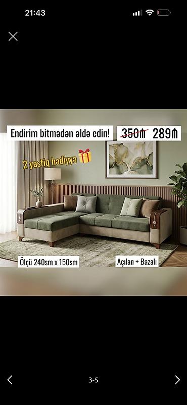 Açılan və bazalı künc divan - Ölçü: 240 sm x 150 sm - Mexanizm