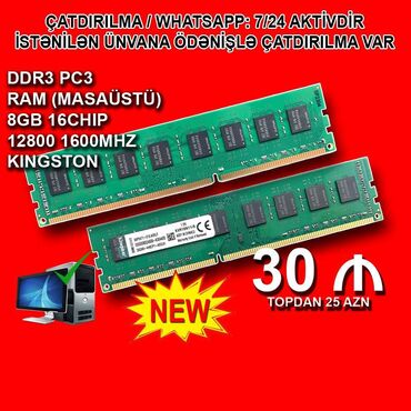 Masaüstü kompüterlər və iş stansiyaları: Operativ yaddaş (RAM) Kingston, 8 GB, 1600 Mhz, DDR3, PC üçün, Yeni