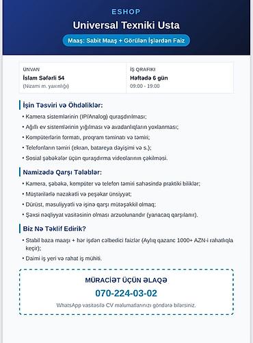 usta yeri: Eshop – Universal Texniki Usta vakansiyası Ünvan: İslam Səfərli 54 — 1
