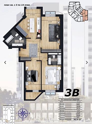 Продажа квартир: 3 комнаты, 91 м², Элитка, 14 этаж, Готовая ПСО (под самоотделку) — 13