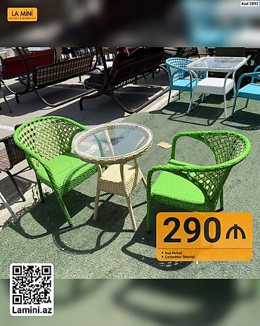 heyet stol stullari: Bağ mebeli dəsti – 2 ədəd yaşıl rattan tərzli kreslo və şüşə səthli — 1