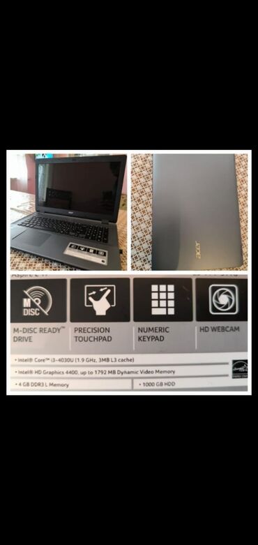 Компьютеры, ноутбуки и планшеты: Acer Noutbuku.Az istifadə olunub.qutusu da var. Ekran 17 Ram 4 Yaddaş