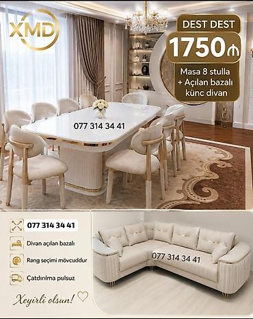 XMD brendindən zərif qonaq otağı dəsti Tərkibi: - Parlaq ağ stol + 8
