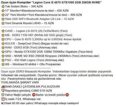 Masaüstü kompüterlər və iş stansiyaları: Oyun üçün Kompüter "Legion Core i5 4570 GTX1050 2GB 256GB NVME” ⭐Tək — 2