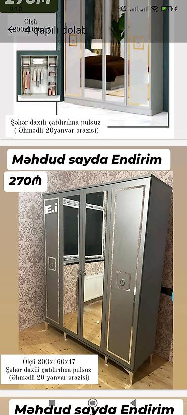 Ev üçün mebel: 4 qapılı paltar dolabı - Ölçü: 200 x 160 x 47 sm - Dizayn: 4 qapı — 1