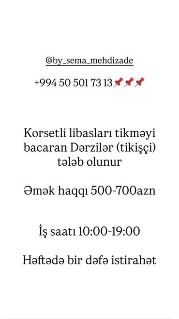 Швеи: Vakansiya: Korsetli libas tikimi üzrə dərzi (tikişçi) - Korset