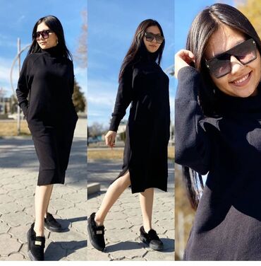 платья черная: Повседневное платье, Турция, Зима, Трикотаж, Прямое