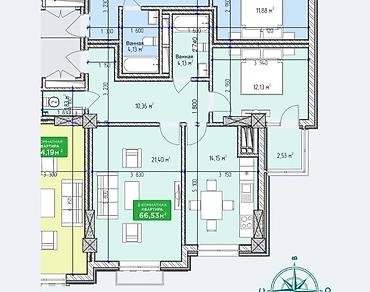 Продажа квартир: 2 комнаты, 66 м², 13 этаж, Готовая ПСО (под самоотделку) — 2