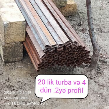 Su boruları: 20 lik turba metresi 1.50 ) profil 4 ün 2 yə 10 ədəd 6 metrə boyunda — 1