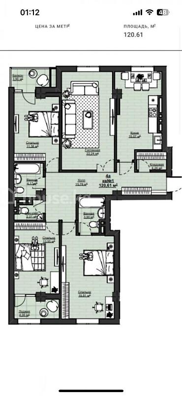 12: 4 комнаты, 121 м², Асанбай мкр Элитка, 6 этаж, ПСО (под самоотделку) — 4