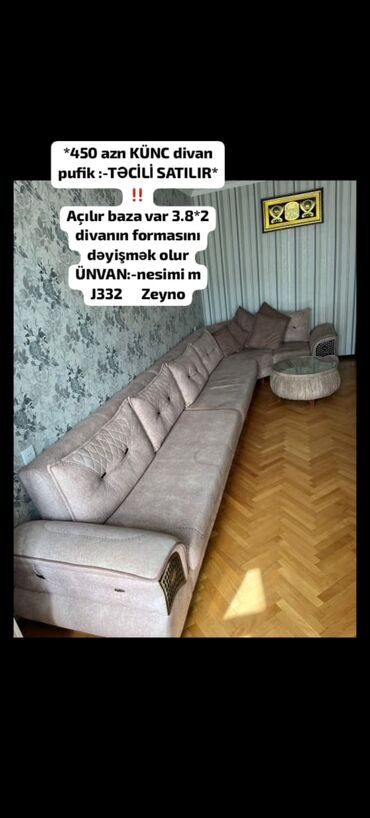 Tavalar: *450₼ KÜNC divan pufik :-TƏCİLİ SATILIR*‼️ Açılır baza var 3.8*2