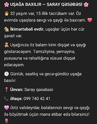 ev təmizlik xidməti: 🌸 UŞAĞA BAXILIR 🌸 👩 32 yaş, 15 illik təcrübə. 🏡 Öz evimdə, Saray — 1