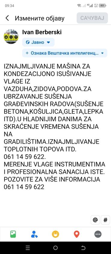 Građevinarstvo i rekonstrukcija: Usluga: Iznajmljivanje građevinskih mašina i opreme + tretmani protiv — 16
