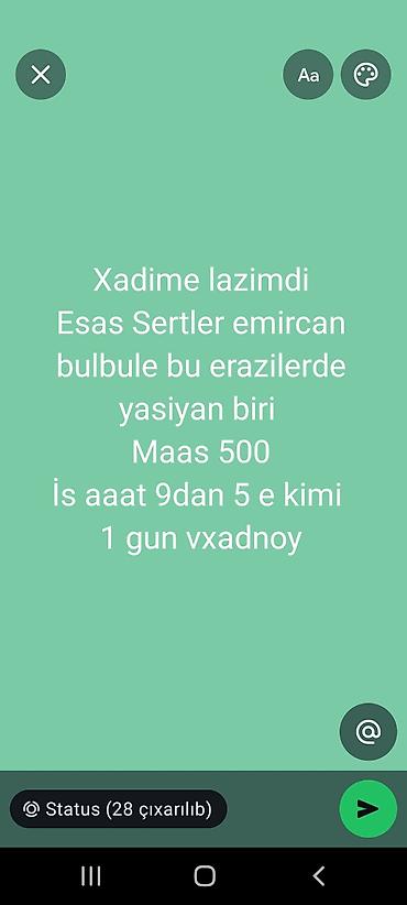 bağ evində is: Xadimə tələb olunur, İstənilən yaş, Təcrübəsiz, 6/1, Aylıq ödəniş — 1