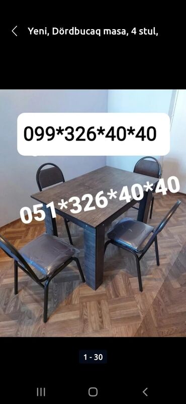 Masa və oturacaq dəstləri: Mətbəx üçün, Yeni, Açılmayan, Dördbucaq masa, 4 stul -da lalafo.az — 30 Masa və oturacaq dəstləri: Mətbəx üçün, Yeni, Açılmayan, Dördbucaq masa, 4 stul — 30