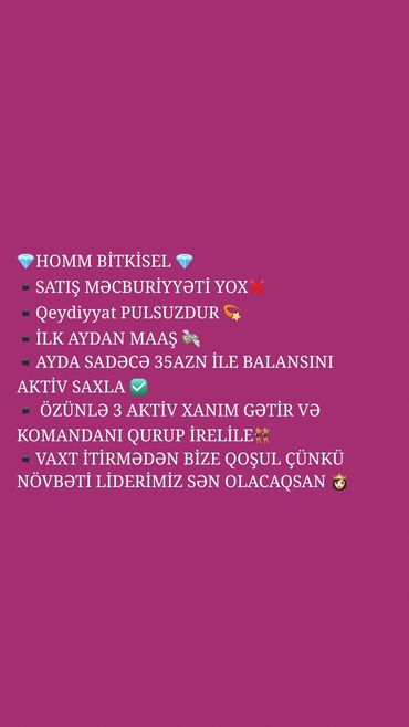 Başqa xidmətlər: HOMM Bitkisel – komandaya qoşulma fürsəti - Satış məcburiyyəti yoxdur