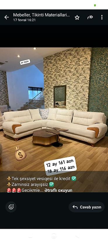 ay şekilleri: Künc divan dəsti – müasir dizayn, krem rəngli yumşaq parça üzlük — 1