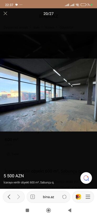 Binalar: İcarəyə obyekt – 600 m², Sabunçu q. - İki mərtəbəli, fasadı daş üzlü — 2