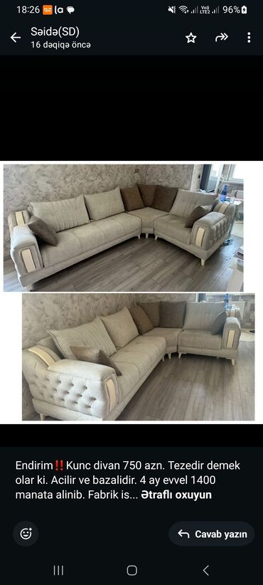Asılqanlar: Endirim‼️Kunc divan 750 azn. Tezedir demek olar ki. Acilir ve