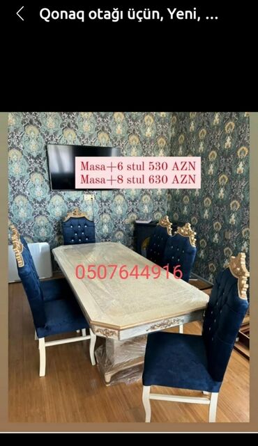 Masa və oturacaq dəstləri: Qonaq otağı üçün, Yeni, Açılmayan, Dördbucaq masa, 6 stul — 18
