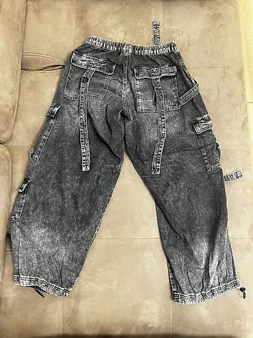 Kişi geyimləri: Unisex geniş kəsimli cargo cins şalvar - Rəng: tünd yuyulmuş/acid — 2