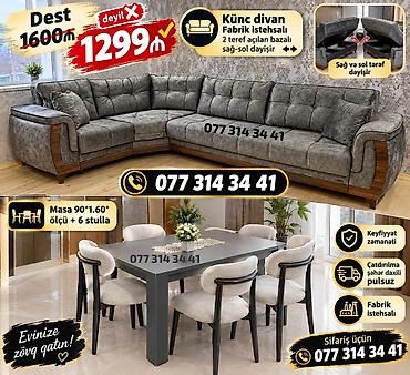 Künc divan + yemək masası dəsti - Künc divan: Fabrik istehsalı. İki