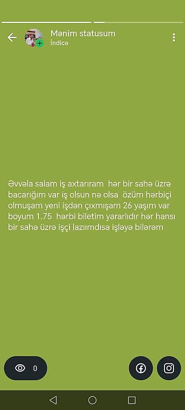 Xidmət: Universal işçi axtaranlar üçün müraciət - 26 yaş - Boy: 1.75