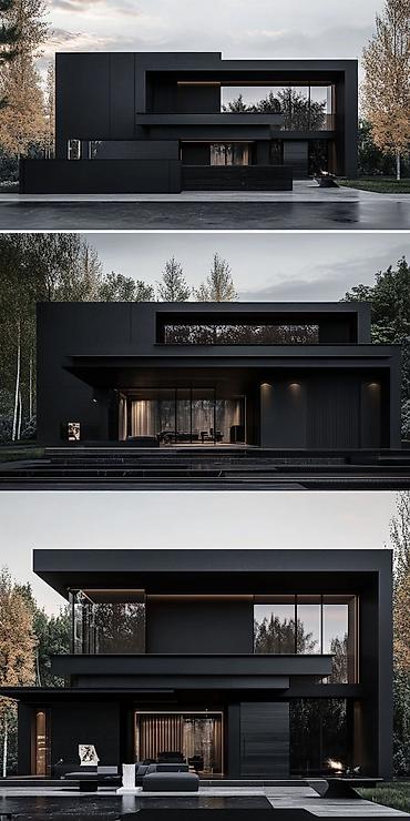 Фасадные работы: Современный двухэтажный дом с плоской крышей и панорамными окнами. - — 12