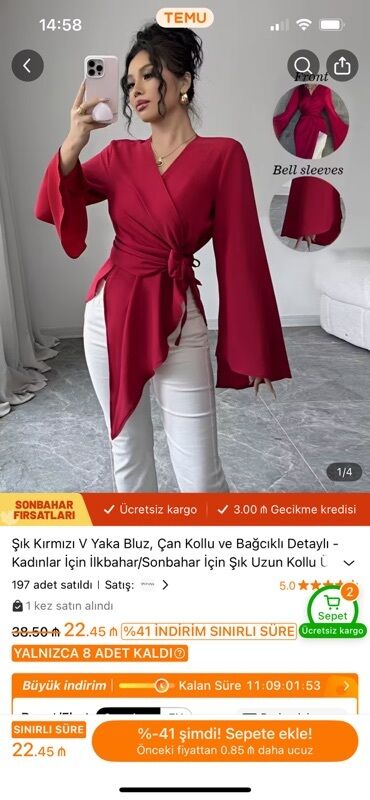 женские стрейчевые юбки: Qırmızı rəngdə şık qadın bluzu - Dizayn: V-yaxalı, öndən kəsişən