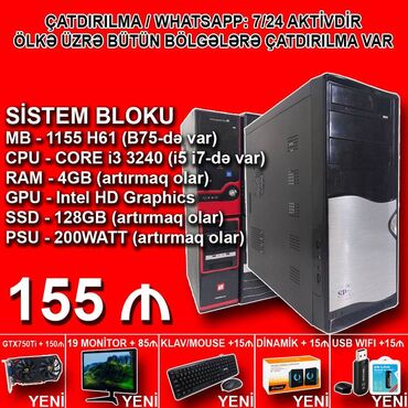 kreditle noutbuk: Sistem Bloku "Qori DDR3 1155 H61/Core i3 3240/4GB Ram/128GB SSD" Ofis