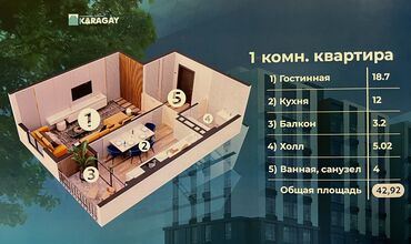 1 комнатная квартира аламидин: 1 комната, 4292 м², Элитка, 1 этаж