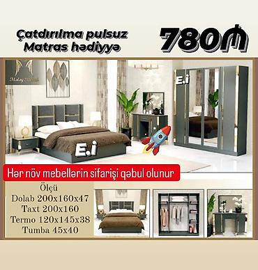 çilək mebel: Yataq otağı dəsti – modern dizayn, qızılı detallar və güzgülü şkafla — 1