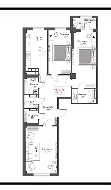 Новостройки от застройщика: Строится, Элитка, 3 комнаты, 121 м² — 1