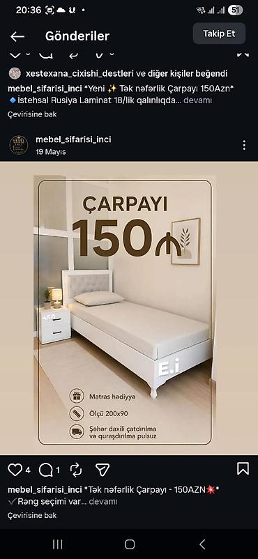 Çarpayılar: Tək nəfərlik çarpayı – 150 AZN - Ölçü: 200x90 sm - Material: Rusiya — 1