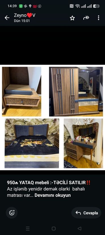 куплю кровать бу: *950₼ YATAQ mebeli :-TƏCİLİ SATILIR*‼️ Az işlənib yenidir demək olarki