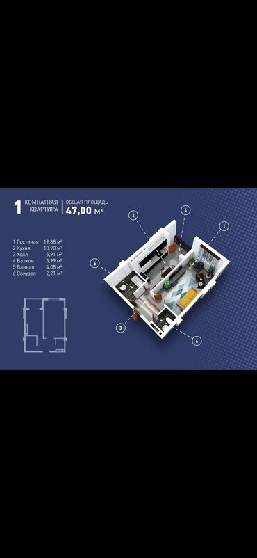 квартира ак босогодон: Курулуп жатат, Элитка, 1 бөлмө, 47 кв. м