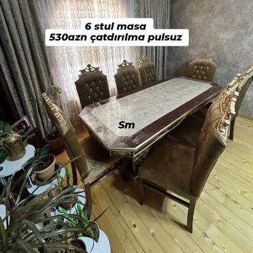 Masa və oturacaq dəstləri: Qonaq otağı üçün, Açılmayan, Dördbucaq masa, 6 stul — 8