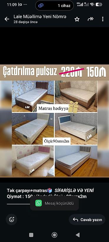 Sifarişlə mebel: *Tək çarpayı+matras🎁* _*SİFARİŞLƏ VƏ YENİ*_ *Qiymət : 150₼*(1ədədi) — 1