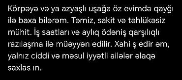 gencede xeste baxicisi: Öz evində körpəyə və ya azyaşlı uşağa qayğı ilə baxılması xidməti — 1