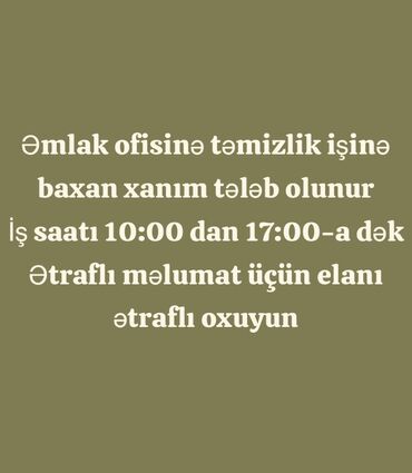 binə qəsəbəsində evlərin satisi: Təmizlikçi. Ofis. Tam iş günü