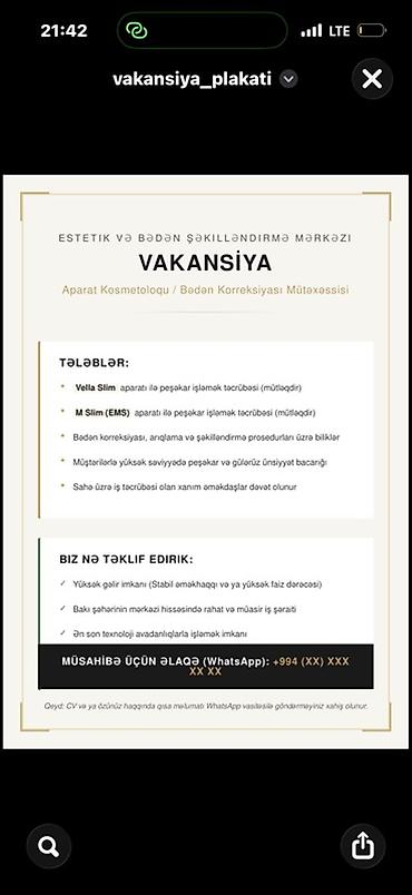 kosmetoloji carpayı: Kosmetoloq tələb olunur, Faiz, 1-2 illik təcrübə — 1