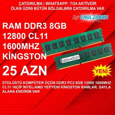 Masaüstü kompüterlər və iş stansiyaları: Operativ yaddaş (RAM) Kingston, 8 GB, 1600 Mhz, DDR3, PC üçün, Yeni