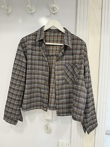cins: Qadınlar üçün qısa kəsimli flanel köynək/jaket - Naxış: boz, sarı və — 1