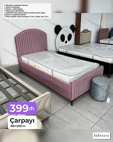 Çarpayı – 90×200 sm - Model: Yumşaq başlıqlı, zolaqlı dizaynlı, metal