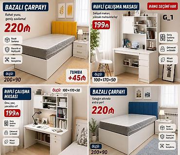 şar şekilleri: Bazalı çarpayı və rəfli iş masası dəsti Bazalı çarpayı - Ölçü: 200×90 — 1