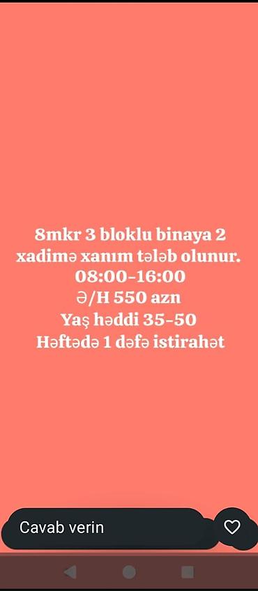 binə iş: Xadimə tələb olunur, 30-45 yaş, 5/2, Aylıq ödəniş — 1
