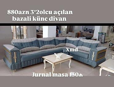 masa kuxna: Bazalı künc divan – açılan mexanizmli, 3×2 ölçü. - Rəng: mavi‑boz — 1