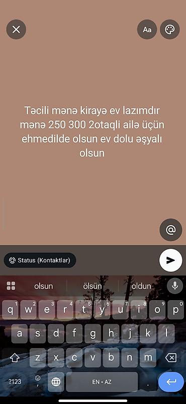 Ailə üçün kirayə mənzil axtarılır. Tələblər: - 2 otaqlı mənzil -