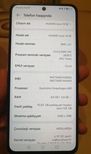islenmis telefon aliram: Huawei Nova 10 SE, 128 GB, Düyməli, Sensor, Barmaq izi